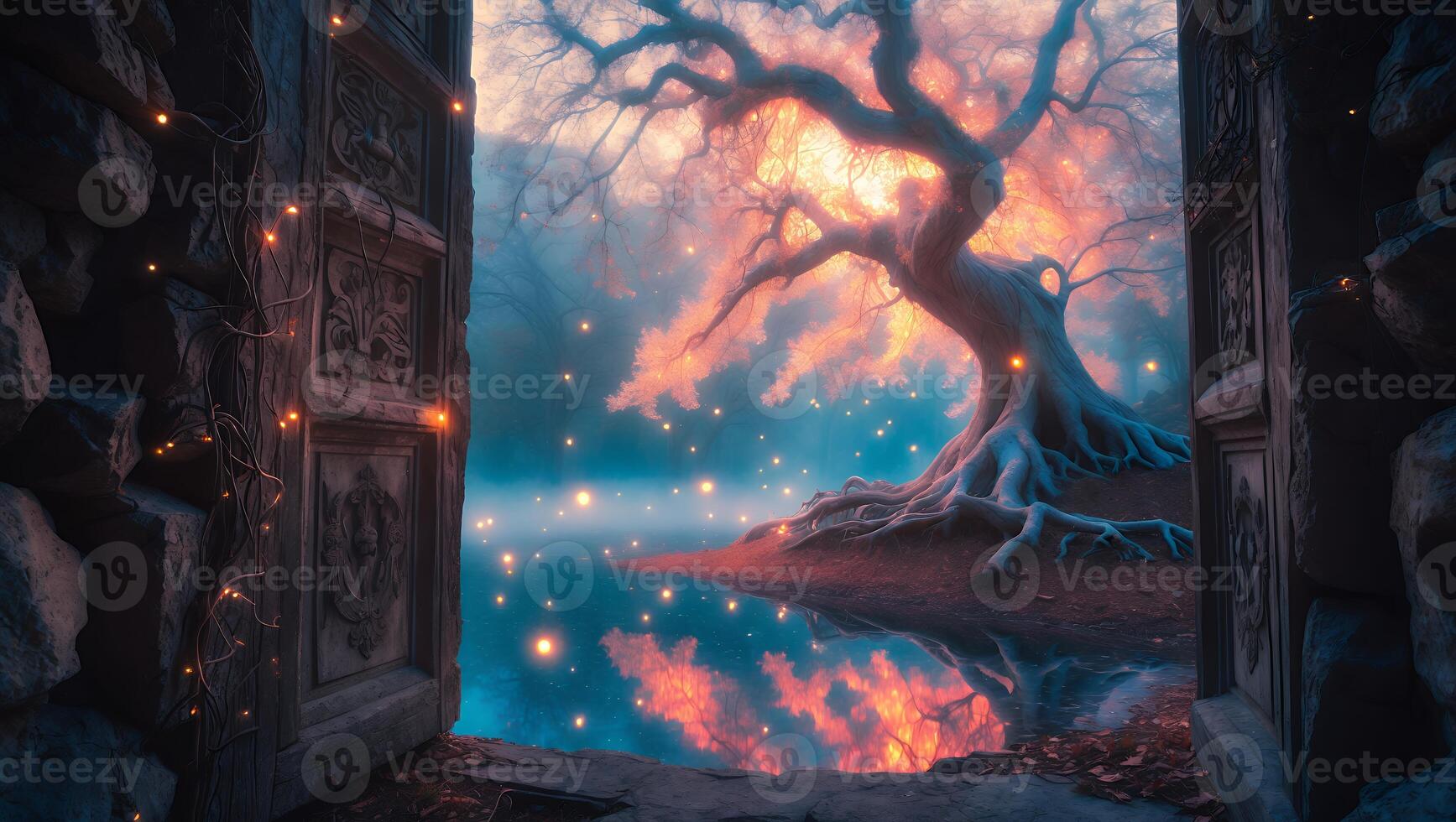Magic Tree and Stone Door Open to Fantasy World photo