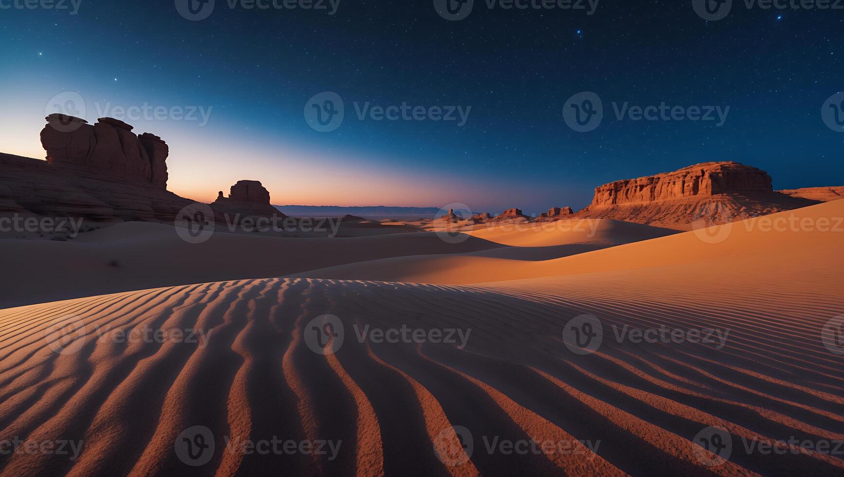 Desert Landscape with Sand Dunes and Rock Formations Under Starry Sky photo