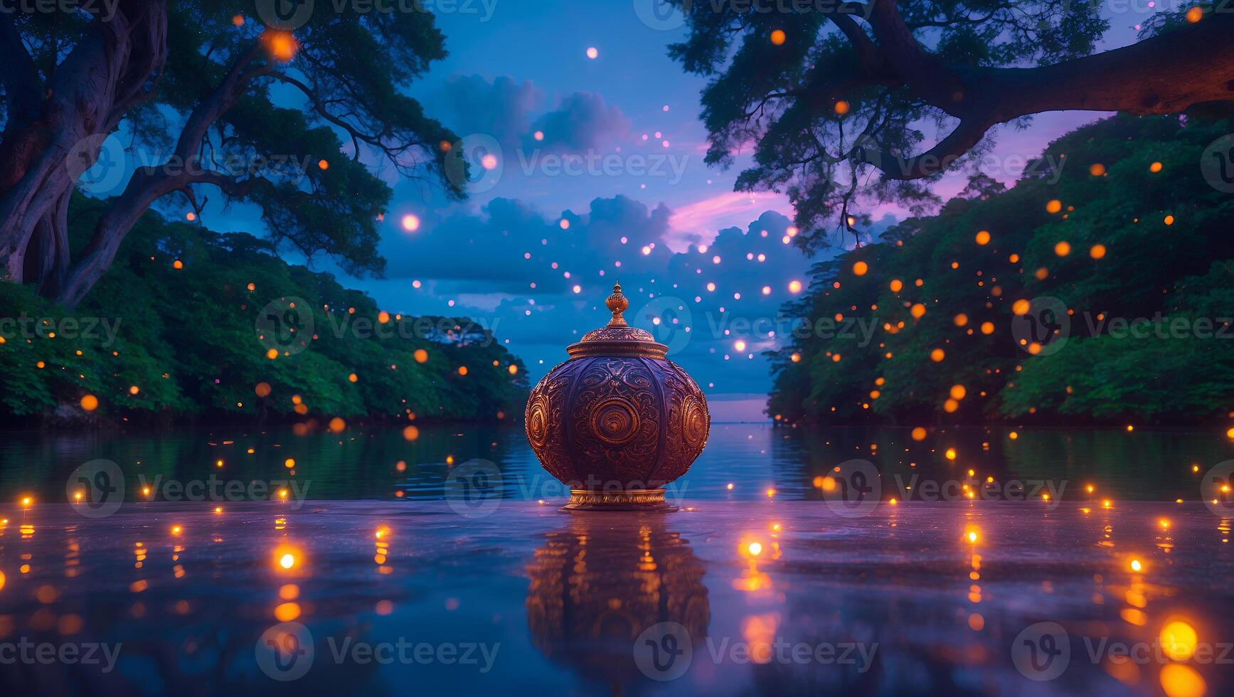 Ornate Jar in Nature Setting at Night photo