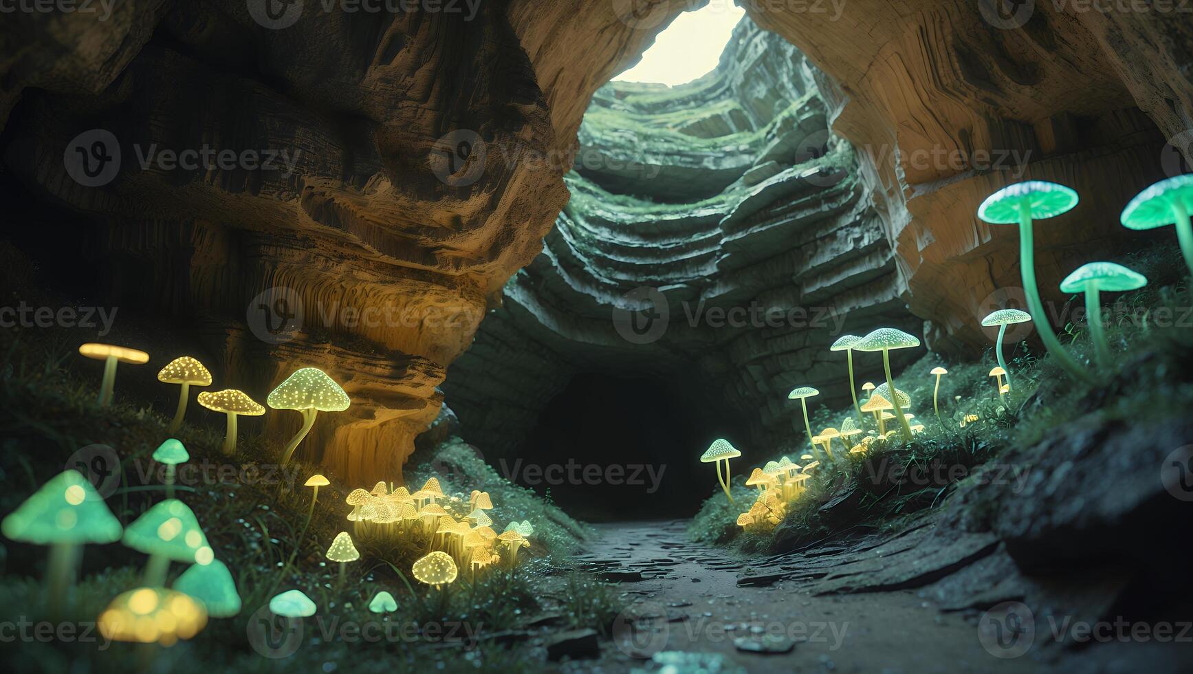 Glowing Mushrooms in Cave photo
