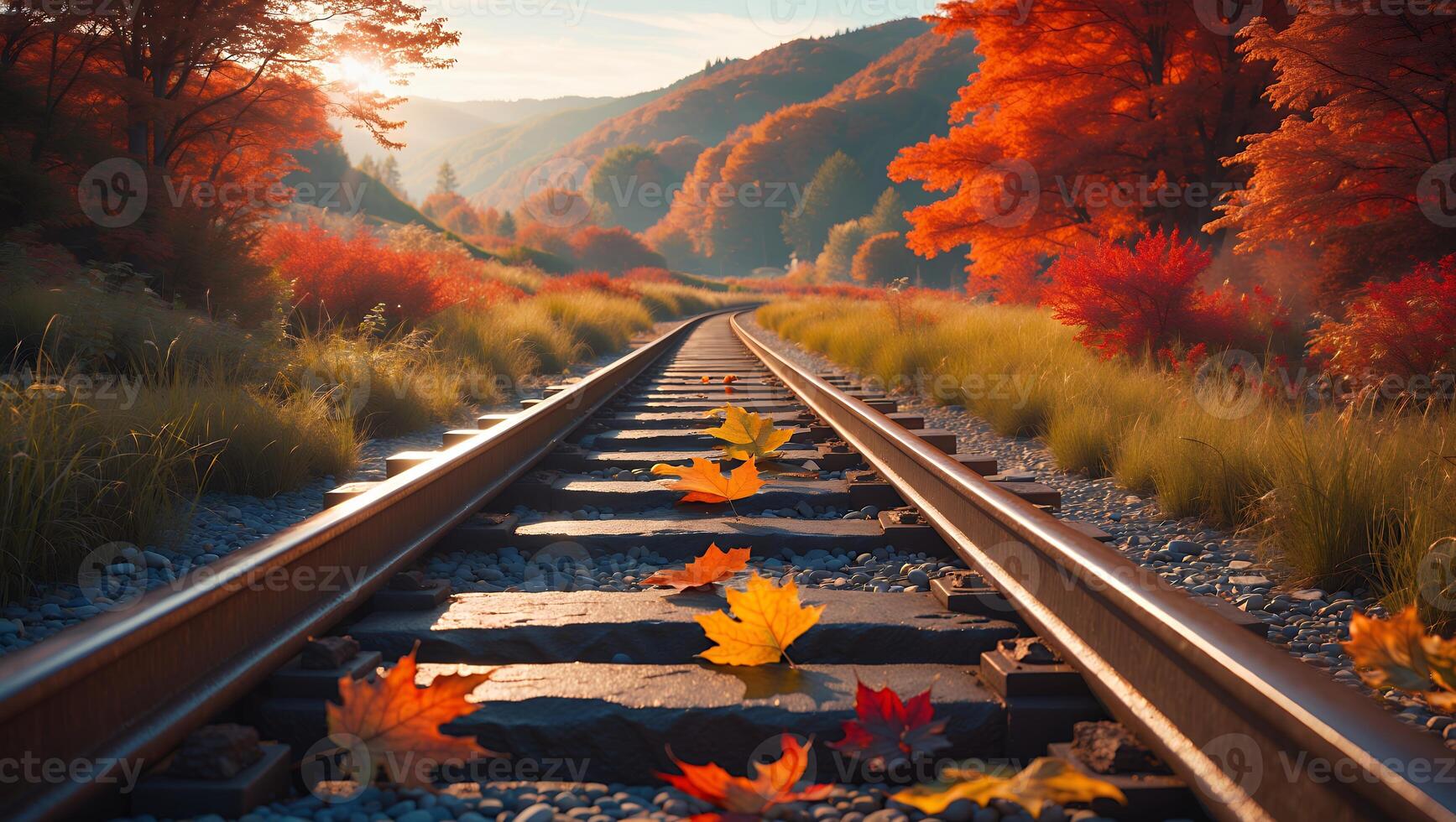 Autumn Leaves on Railroad Tracks Scenic Fall Landscape photo