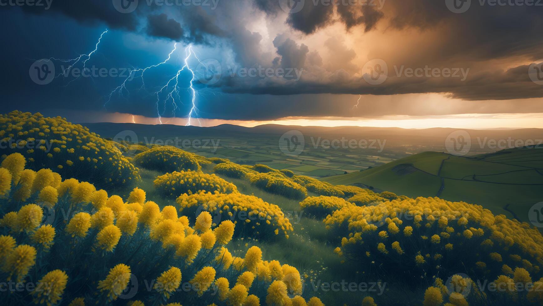 Landscape with Lightning and Yellow Flowers photo