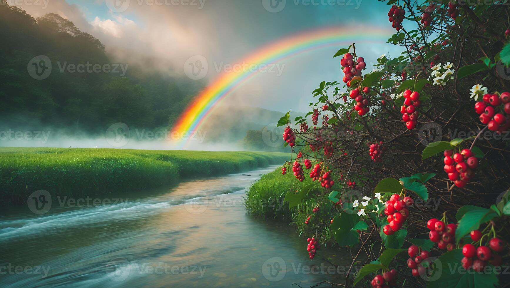 Rainbow Over River and Meadow with Berries photo