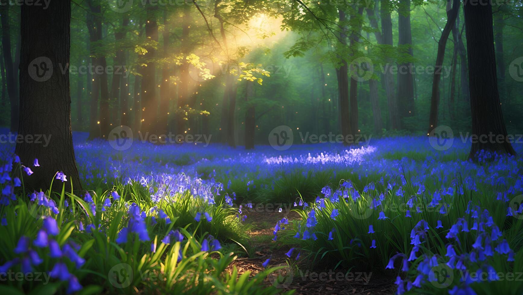 Bluebell Flowers in Forest Sunlight photo