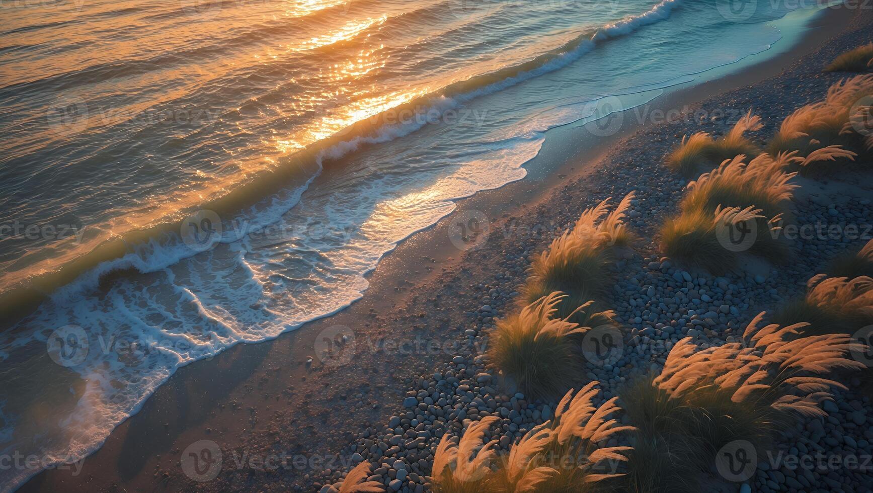 Ocean Waves Crashing on Sandy Beach with Dune Grass at Sunset photo