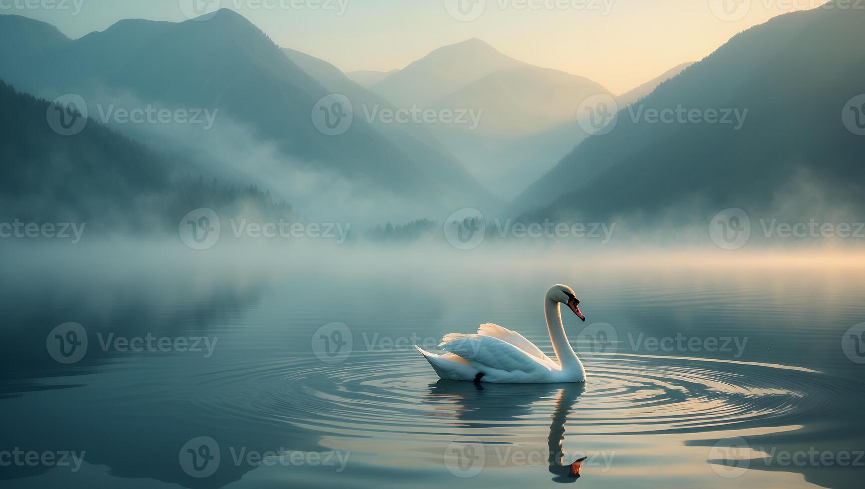Swan on Misty Lake with Mountain Backdrop photo