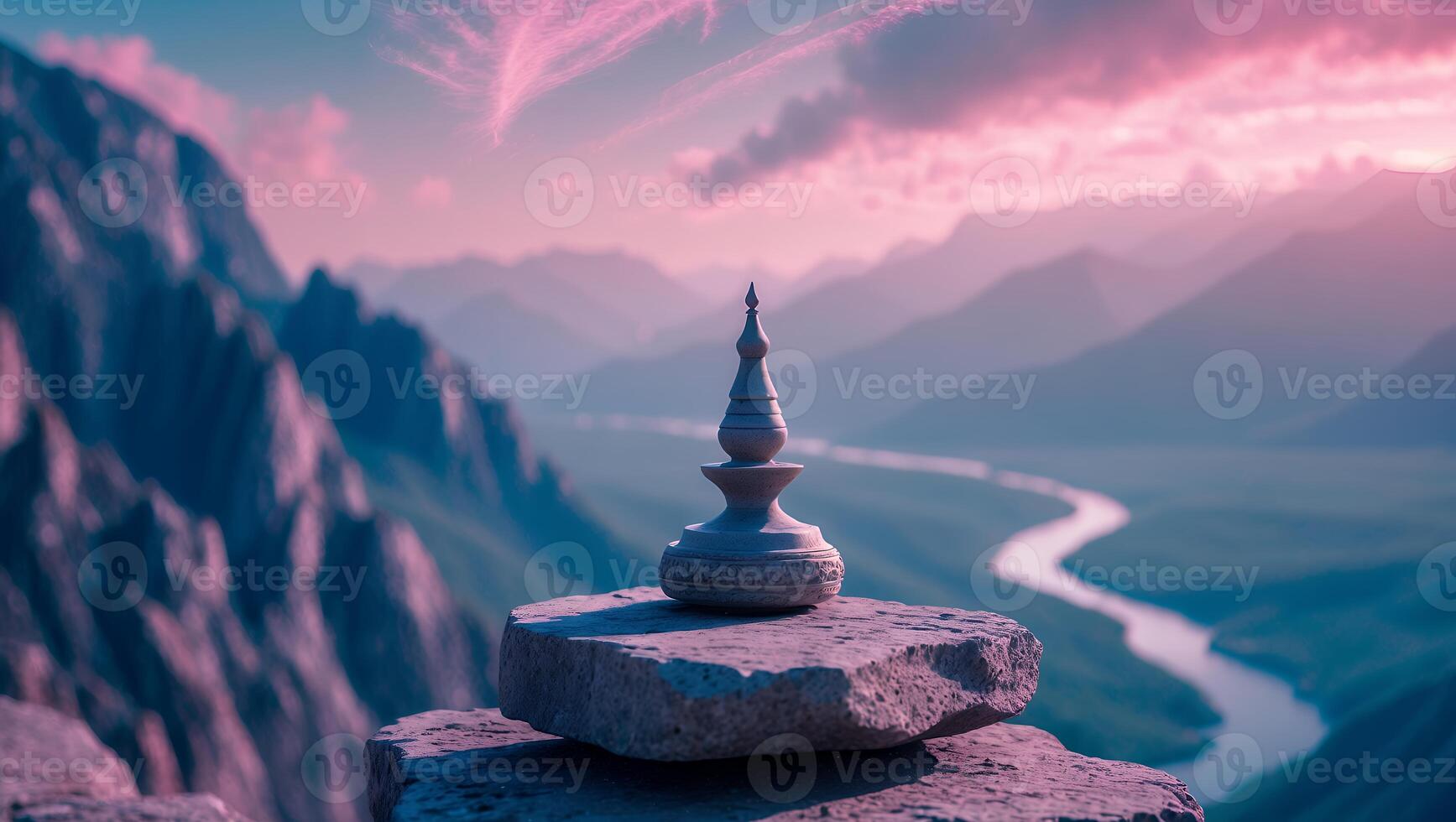Decorative Object on Stone with Mountain River Background photo