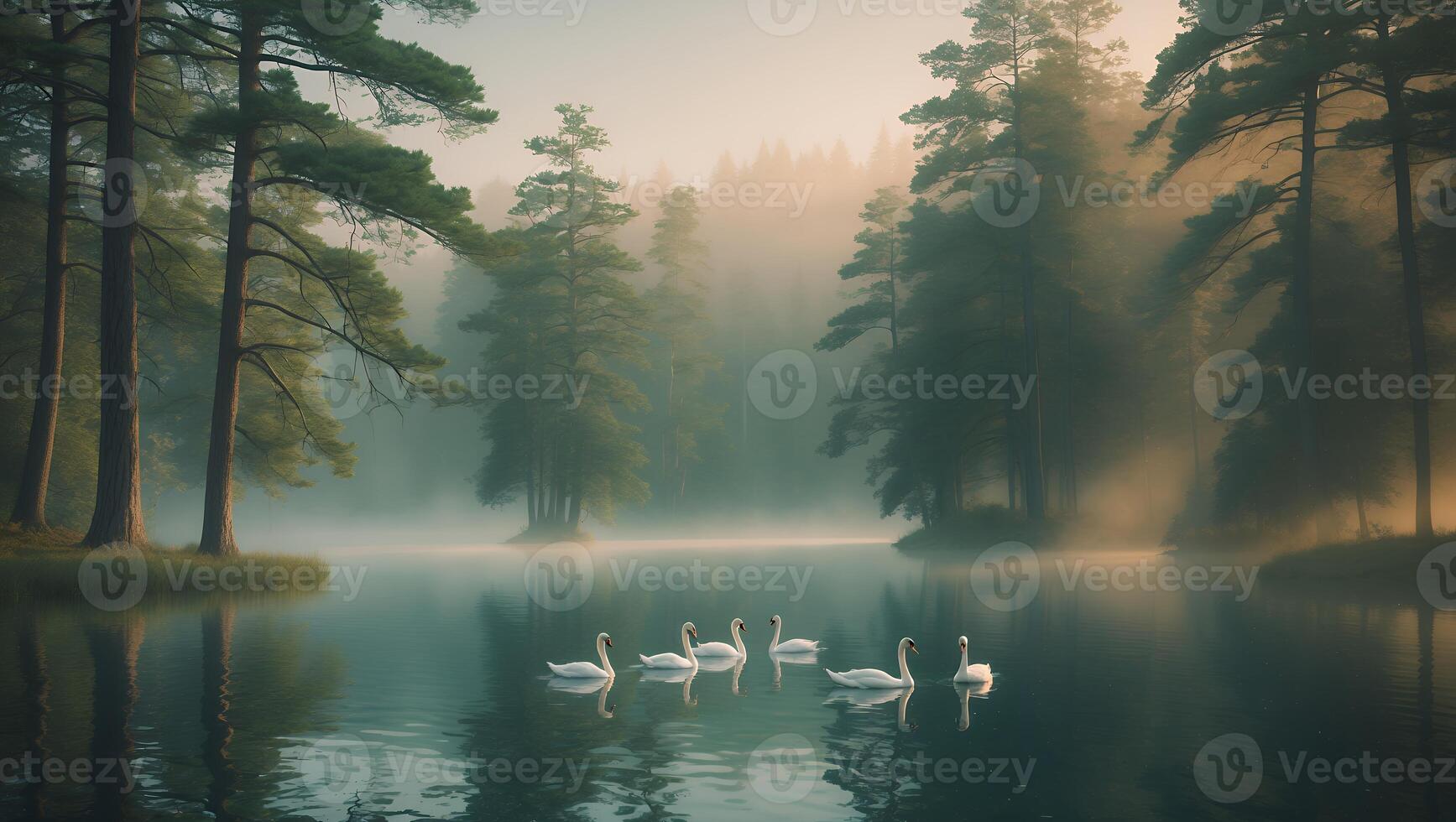 Swans in Misty Lake at Dawn photo