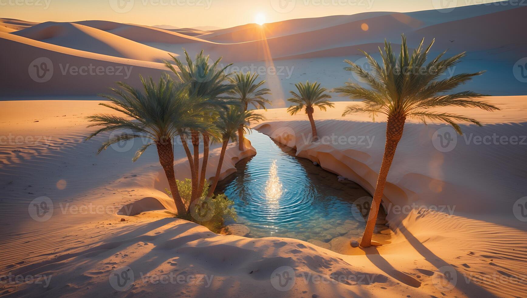 Oasis in Desert with Palm Trees and Water photo