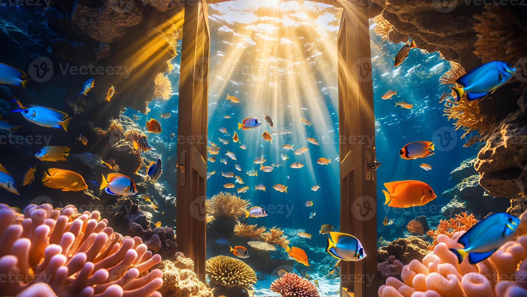 Fish Swimming Through Underwater Coral Reef and Door with Sun Rays photo