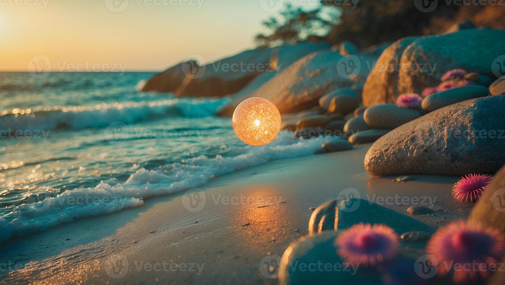 Glowing Sphere at Beach with Waves and Rocks photo