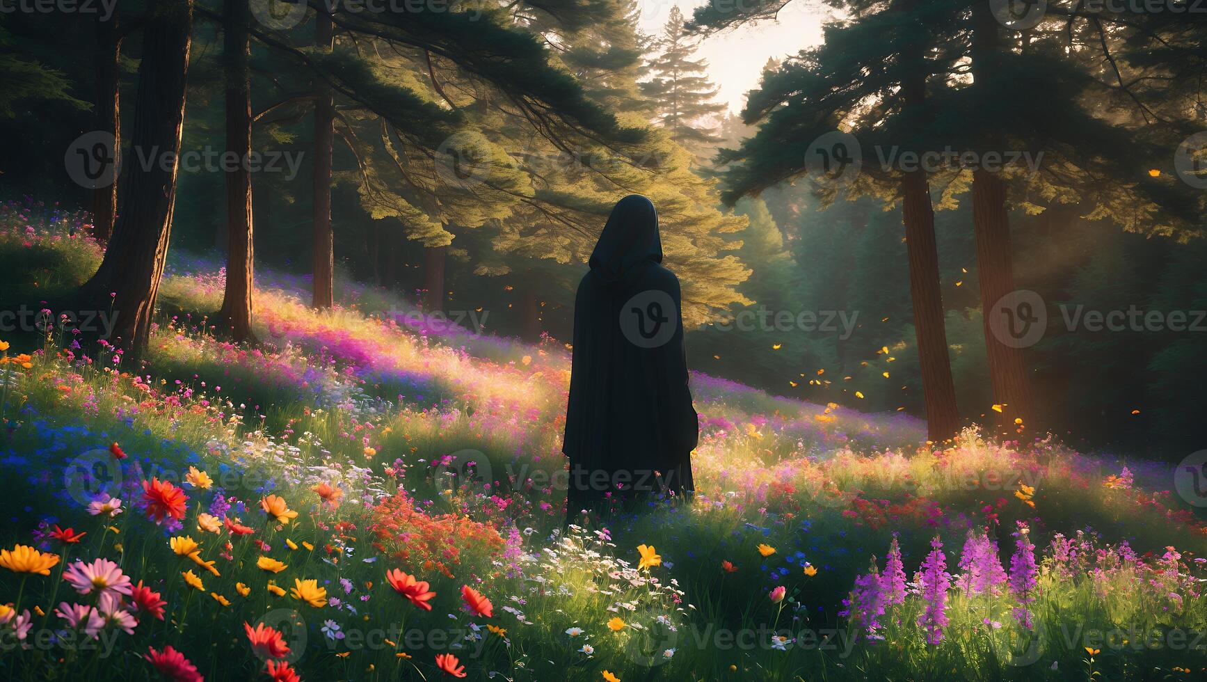 Person in Robe Standing in Colorful Flower Field with Trees photo