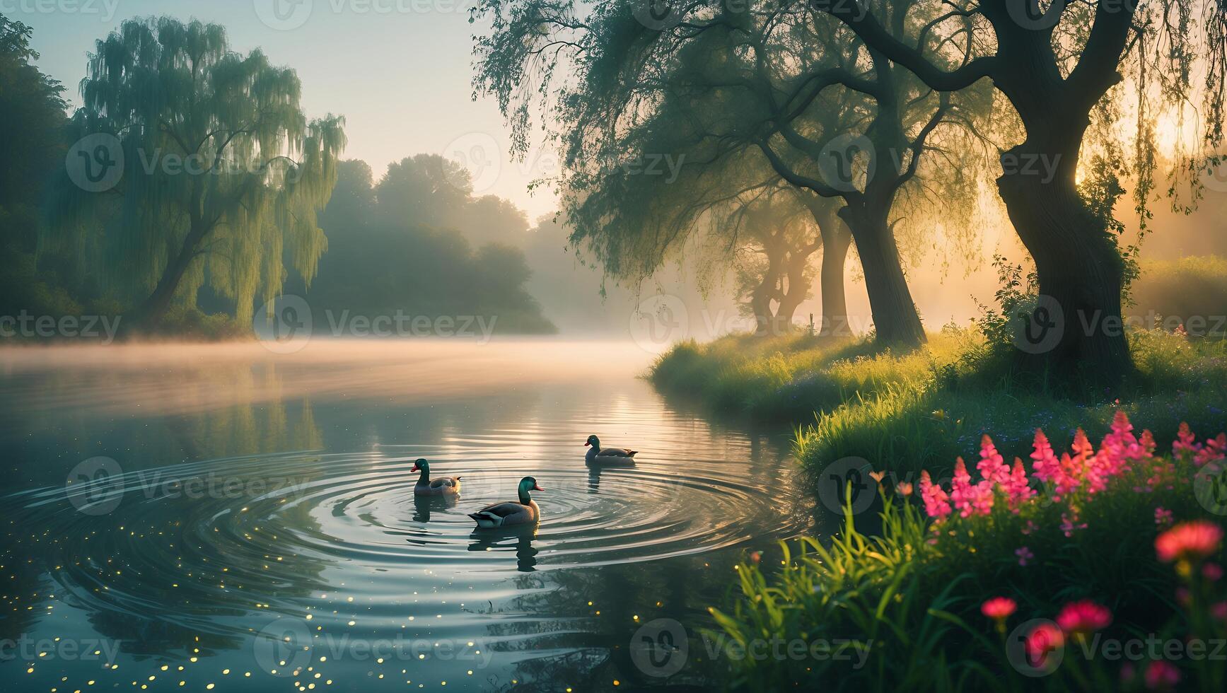Ducks swimming in a river at sunrise photo