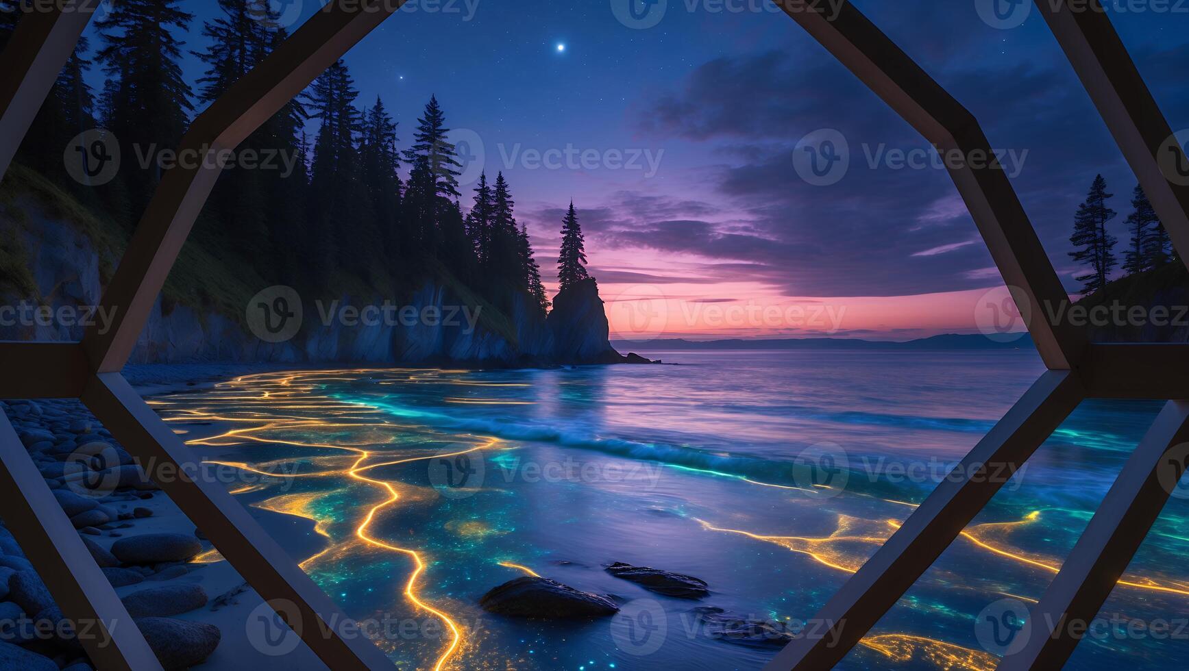 Glowing Beach with Star at Dusk Seen Through Geometric Frame photo