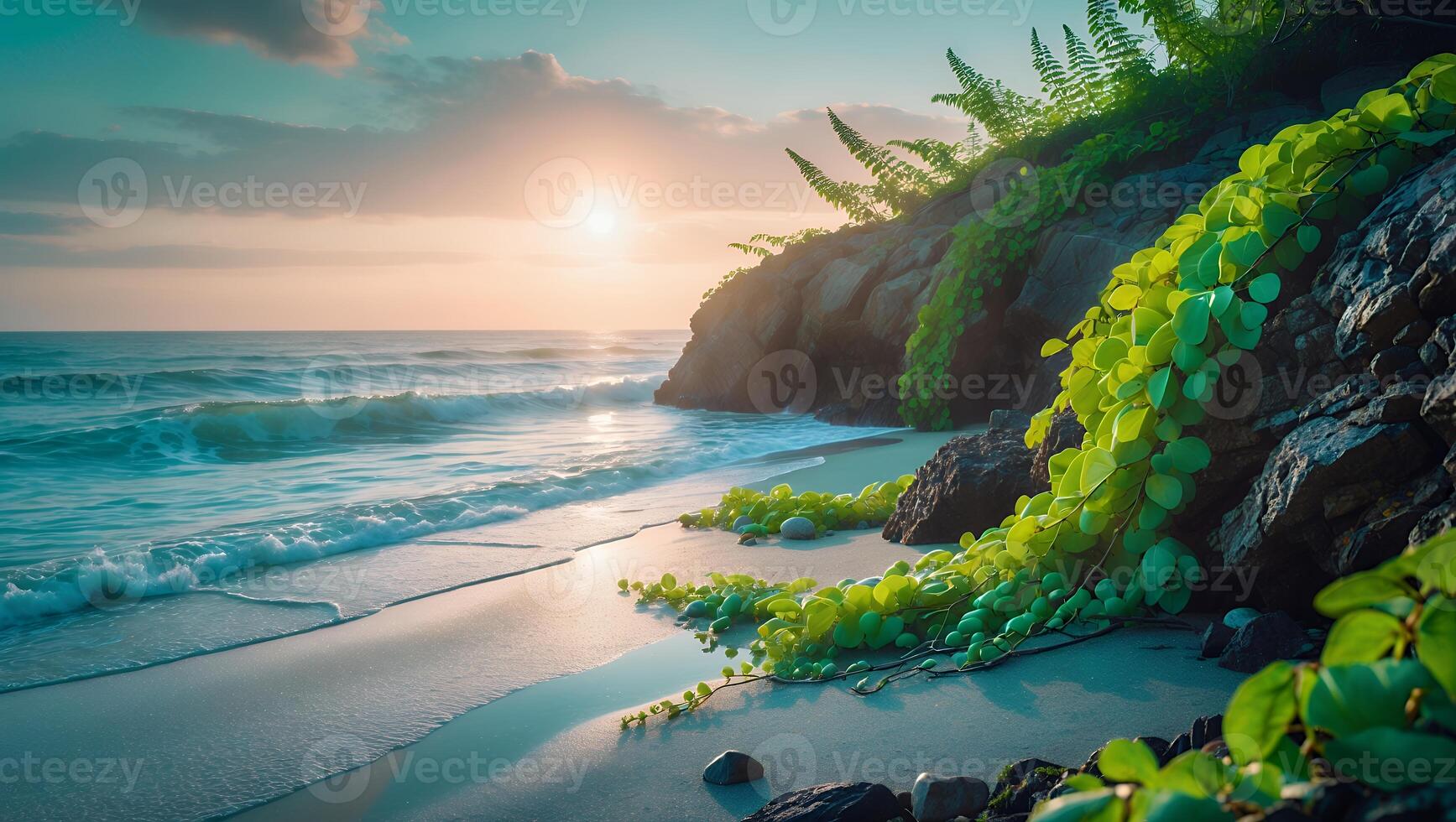 Ocean Wave at Sandy Beach with Sunlit Rock Formation and Greenery photo