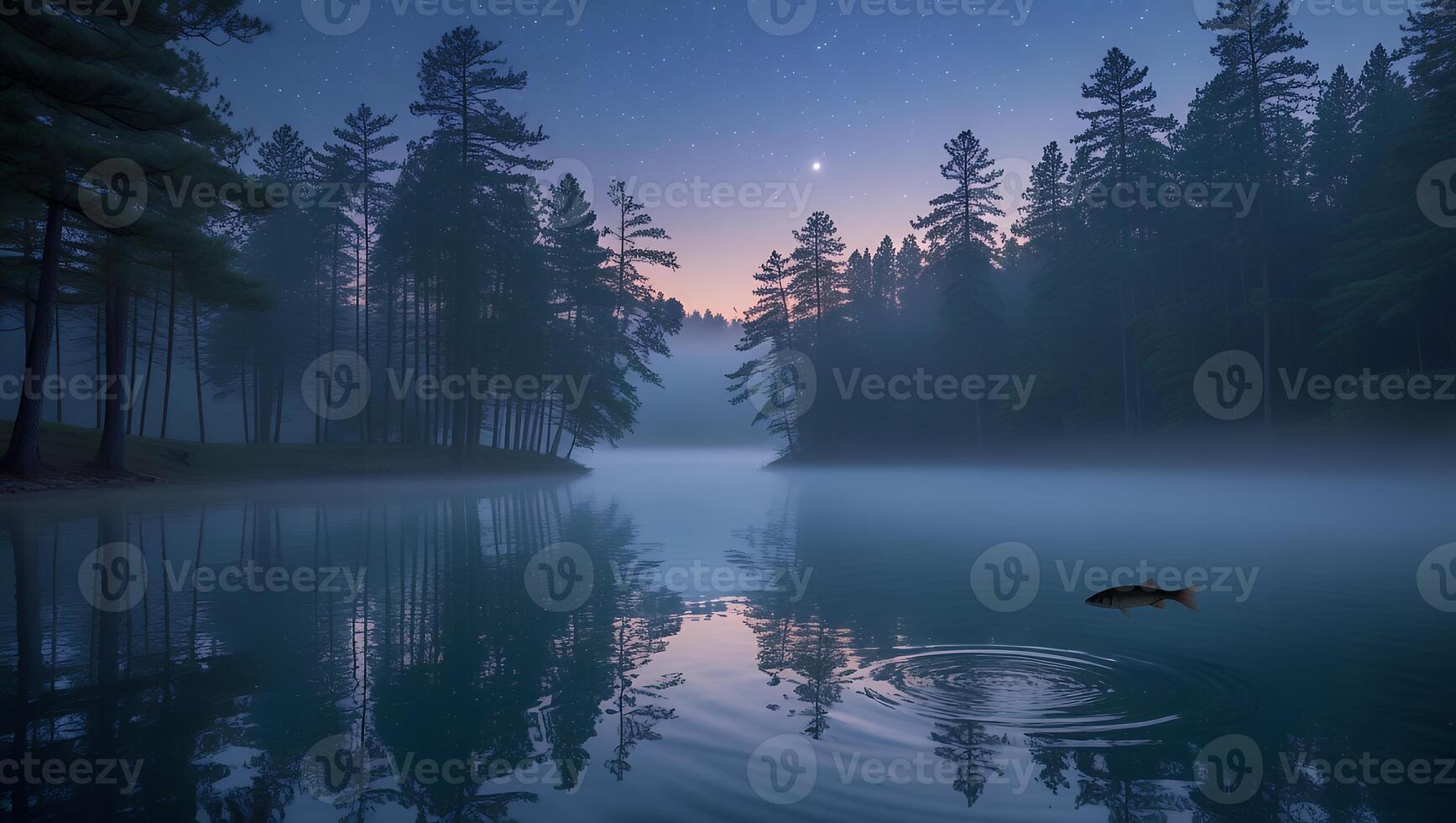 Fish Swims in Lake with Forest and Stars photo
