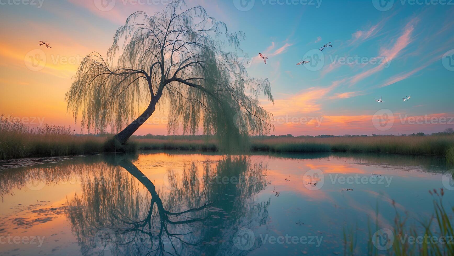 Willow Tree by a Pond at Sunset photo