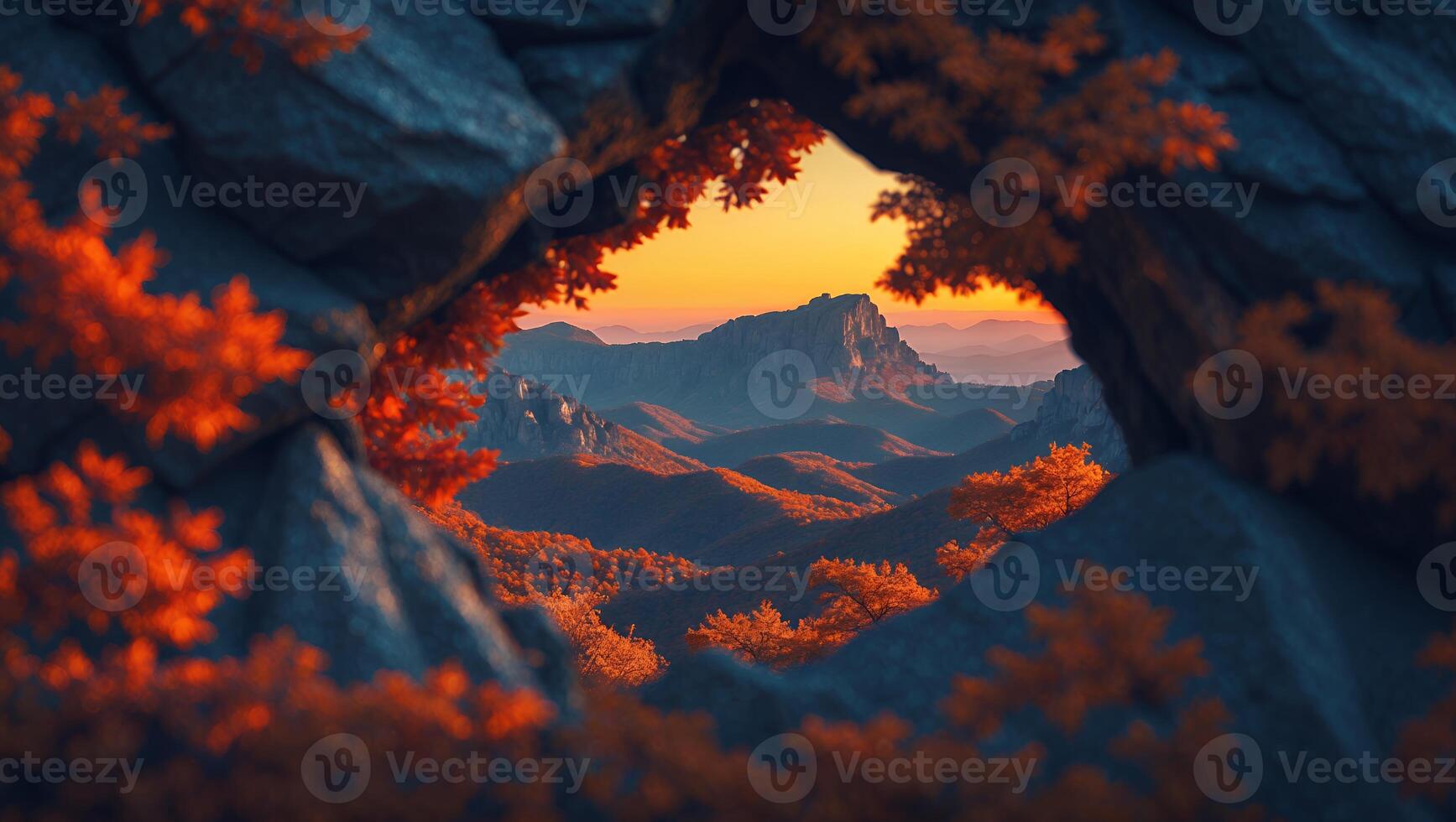 Mountain Landscape with Autumn Leaves and Sunset photo