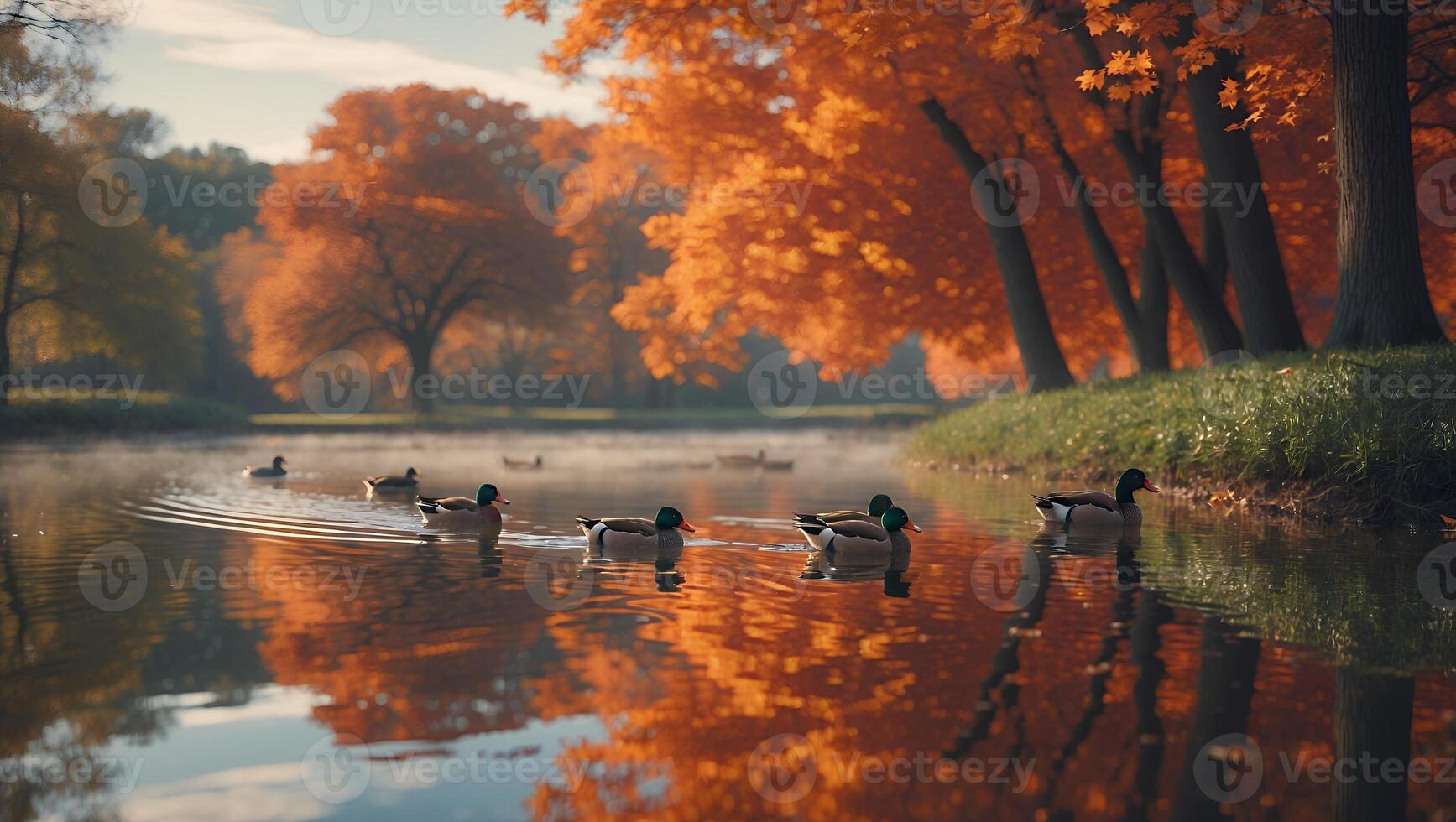Duck Swimming in Lake with Autumn Trees photo