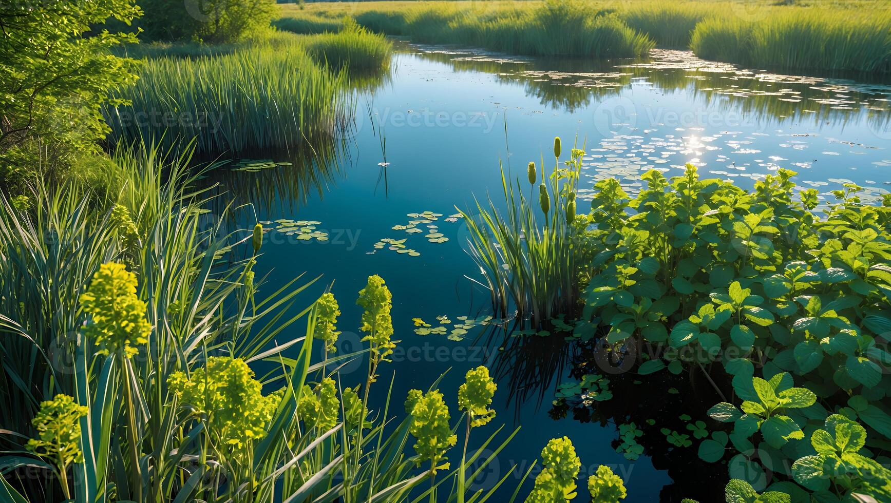 Pond with Lily Pads and Green Plants photo