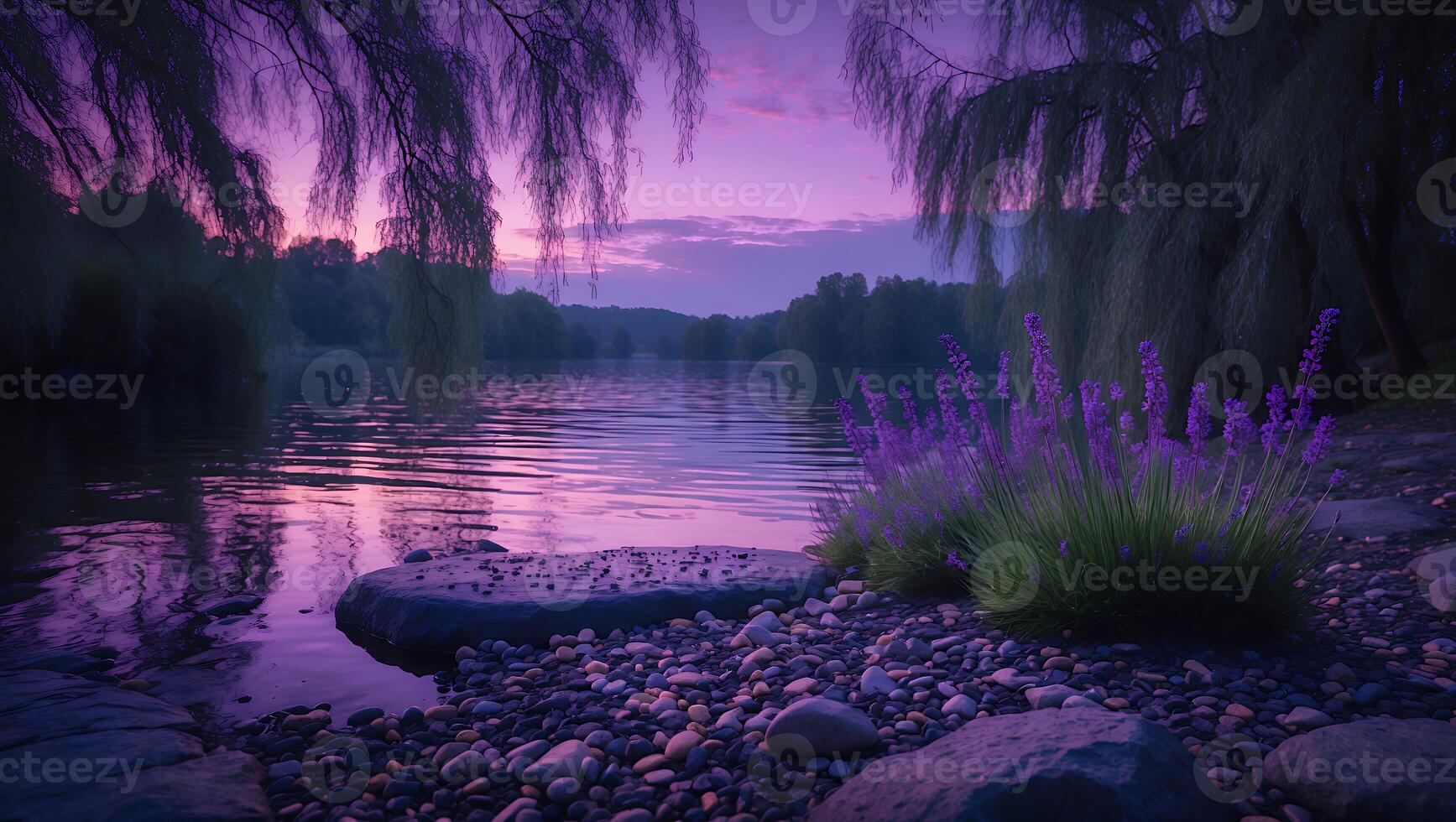 Lavender by Lake at Sunset photo