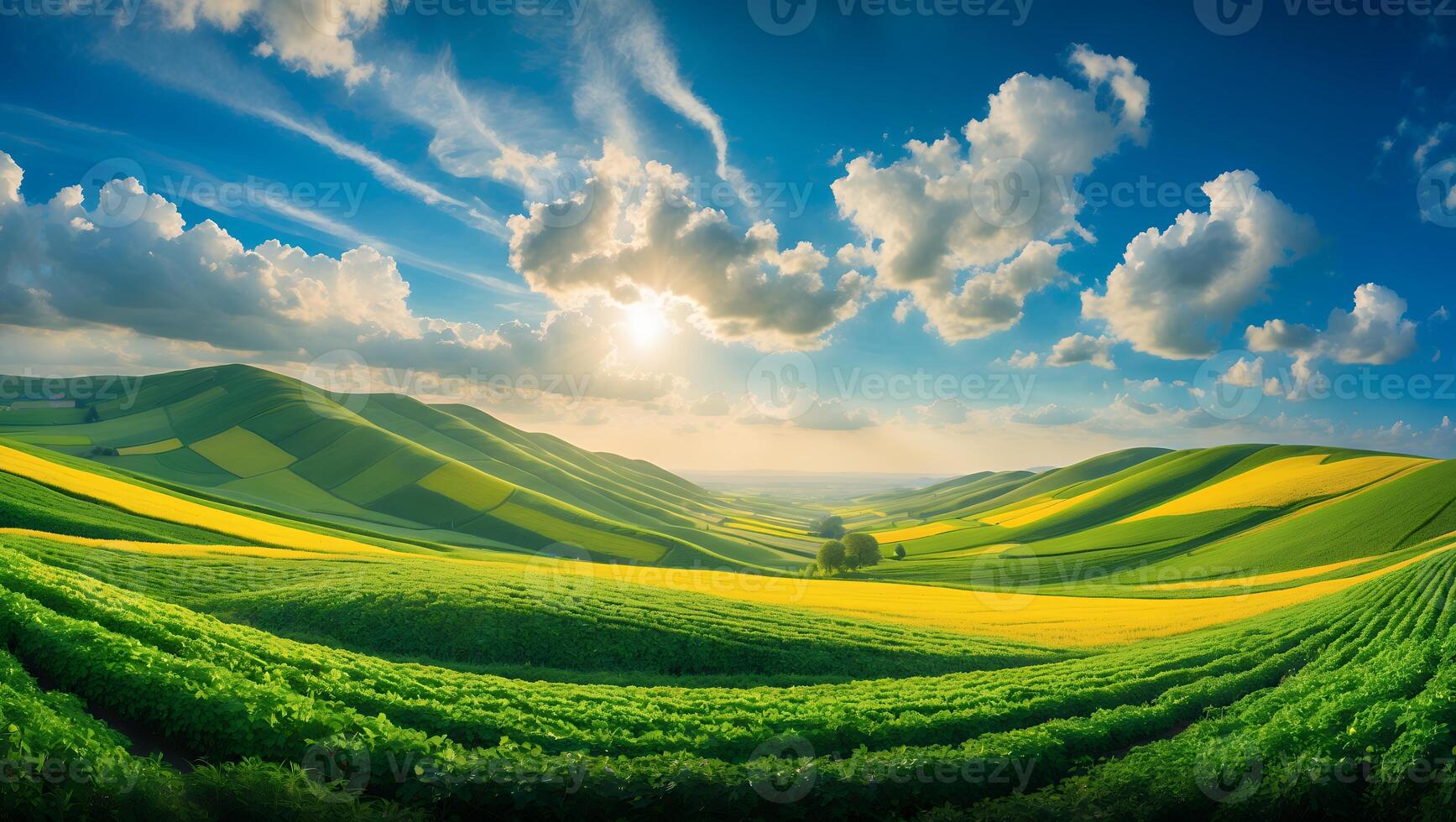 Rolling Hills with Green and Yellow Fields Under a Blue Sky photo