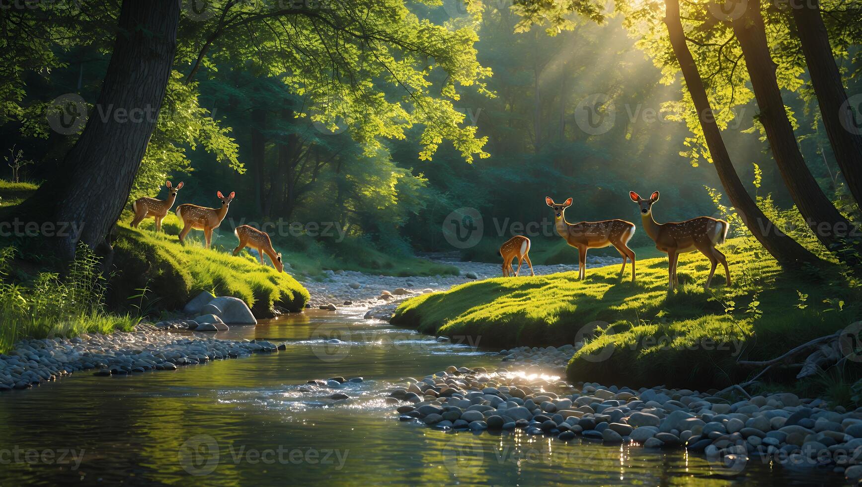 Deer by a Stream in a Forest photo