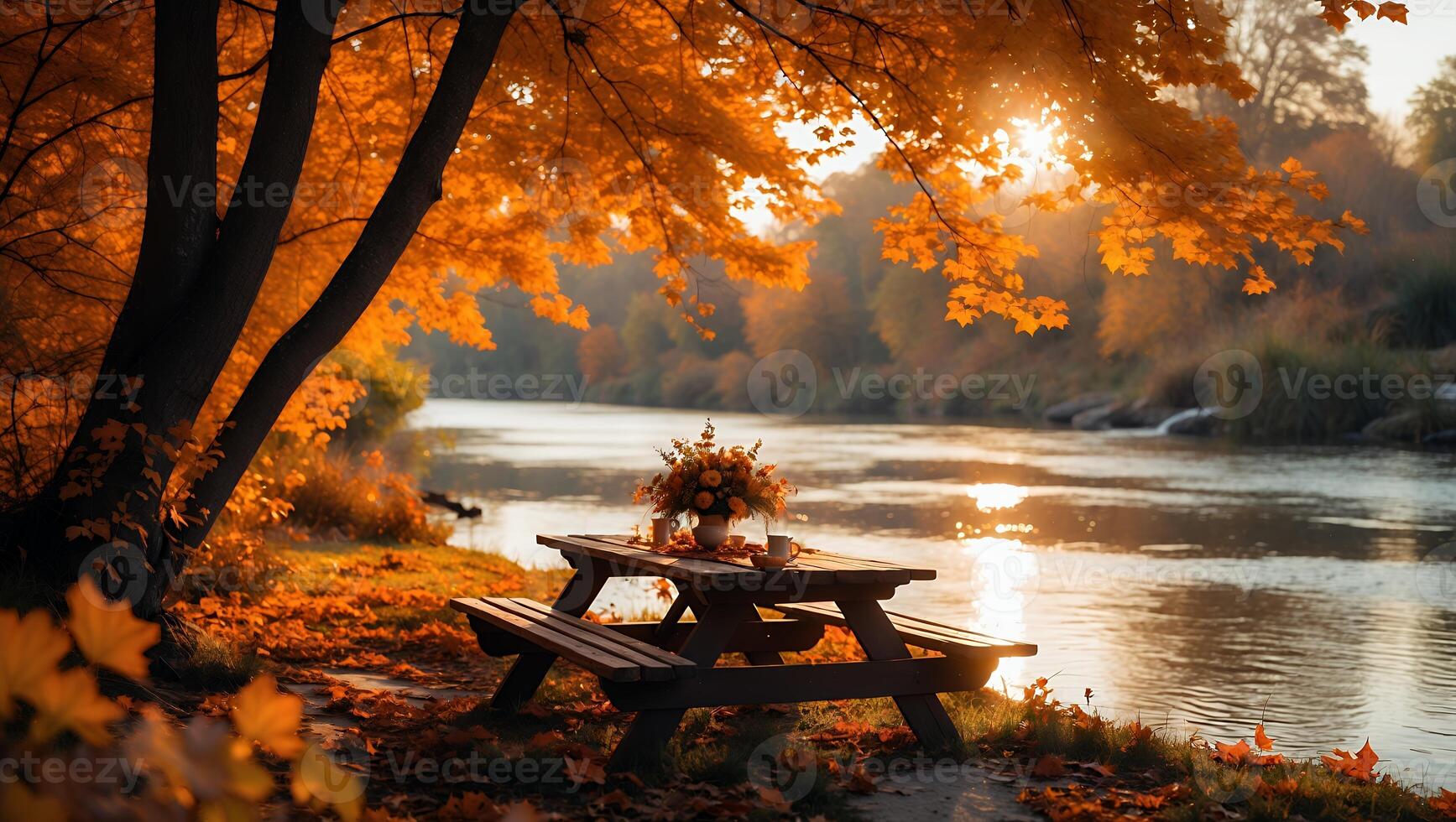Picnic Table by River in Autumn Landscape photo