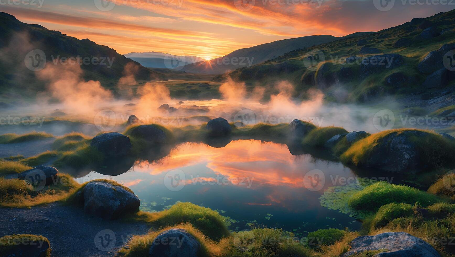 Hot Spring View with Sunset Sky Reflection in Water photo