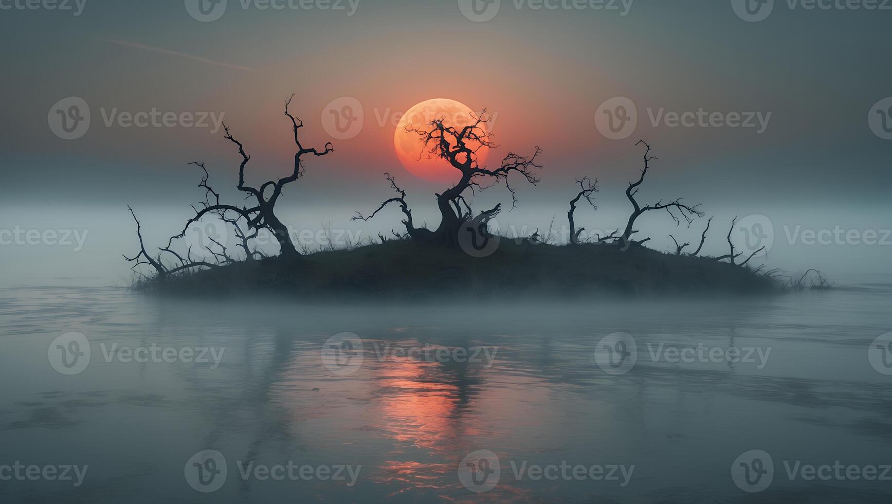 Island with Trees at Sunset in a Misty Landscape photo