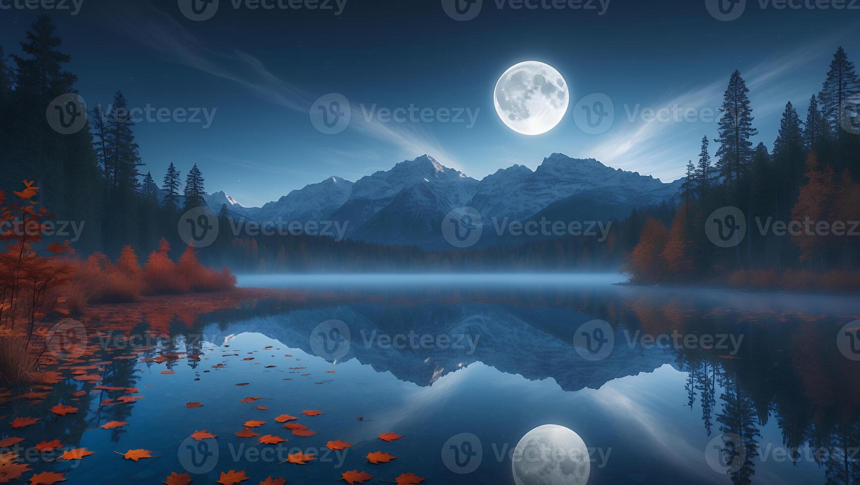 Lake and Mountain Landscape with Moon Reflection in Water photo