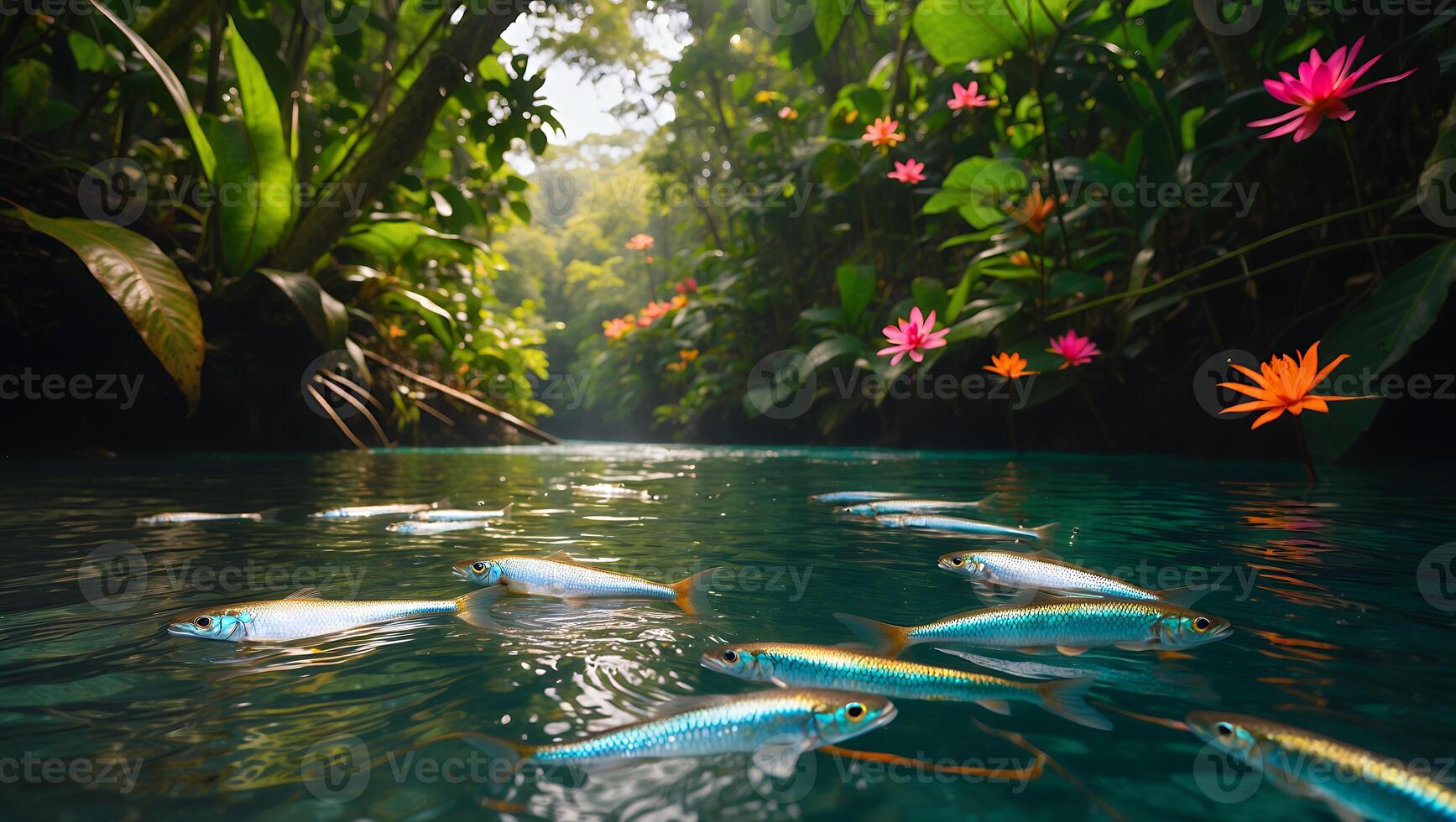 Fish Swimming in a Tropical River Surrounded by Jungle photo
