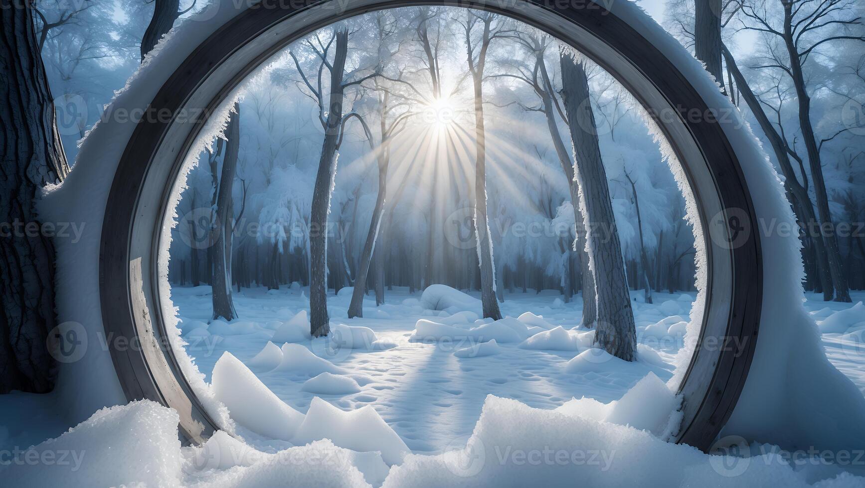 Snow Covered Forest Viewed Through Snowy Circle photo