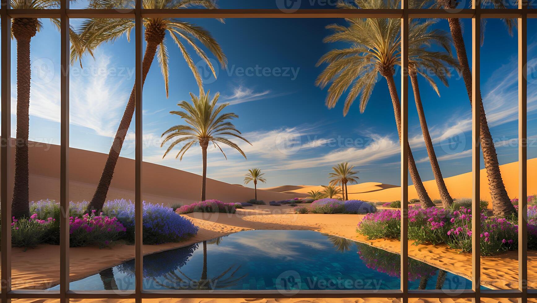 Desert Oasis Seen Through Window with Palm Trees and Pool photo