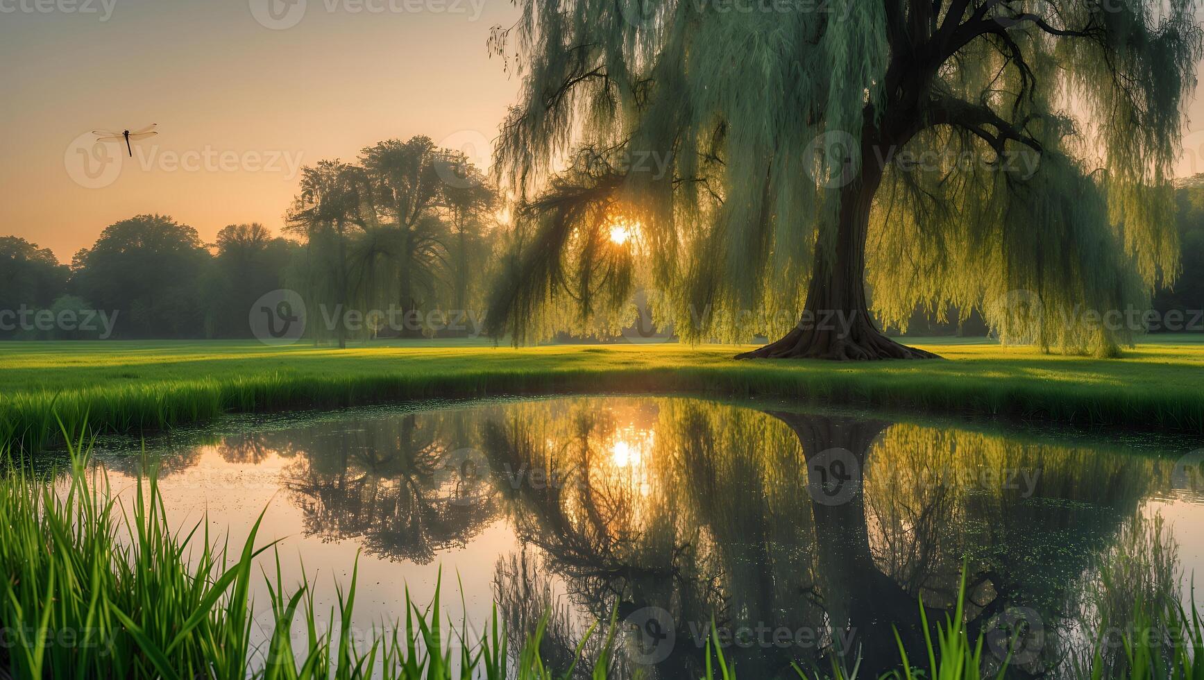Willow Tree Reflecting in Pond at Sunset photo