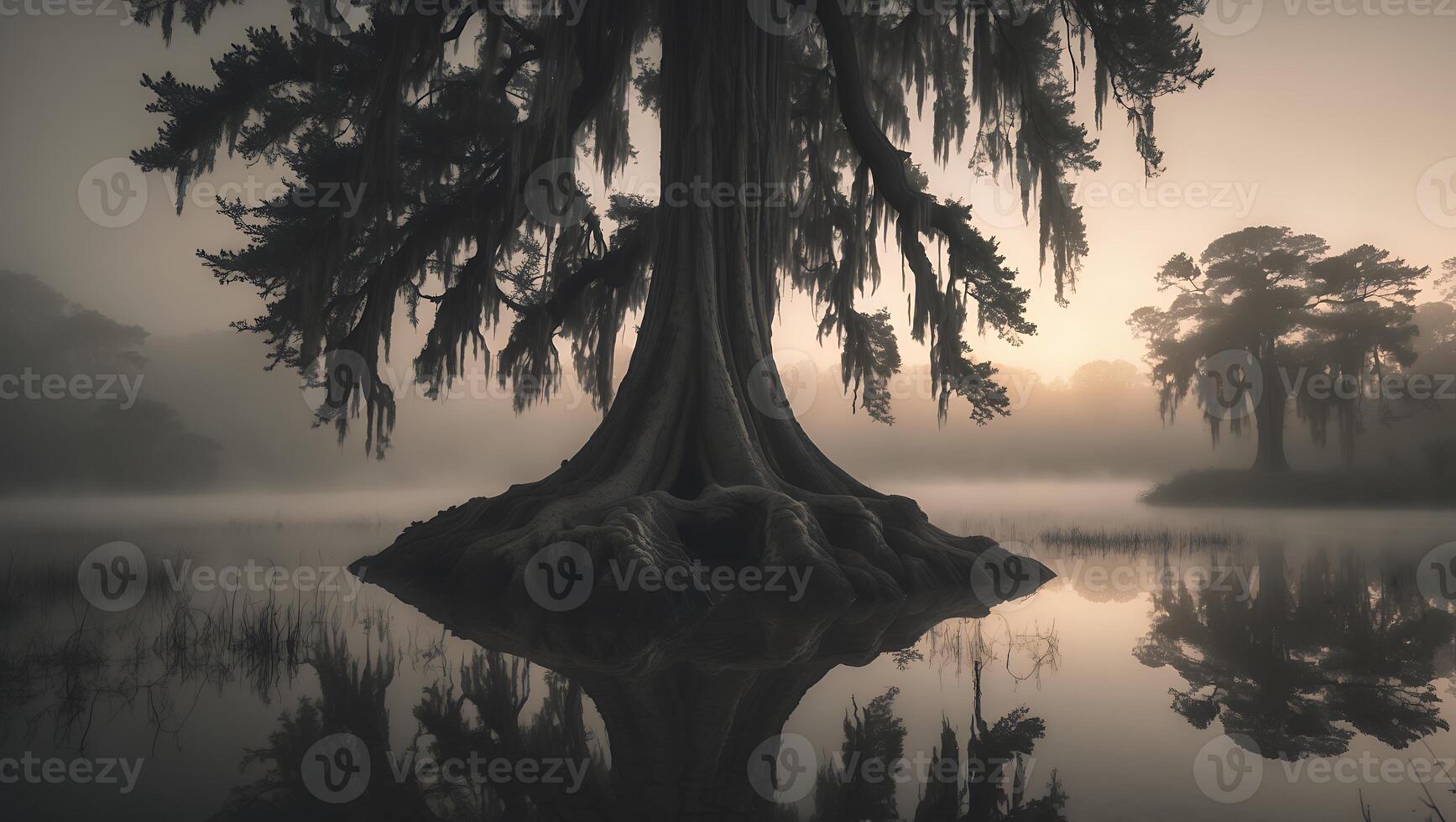 Tree in Foggy Swamp Reflected on Water photo