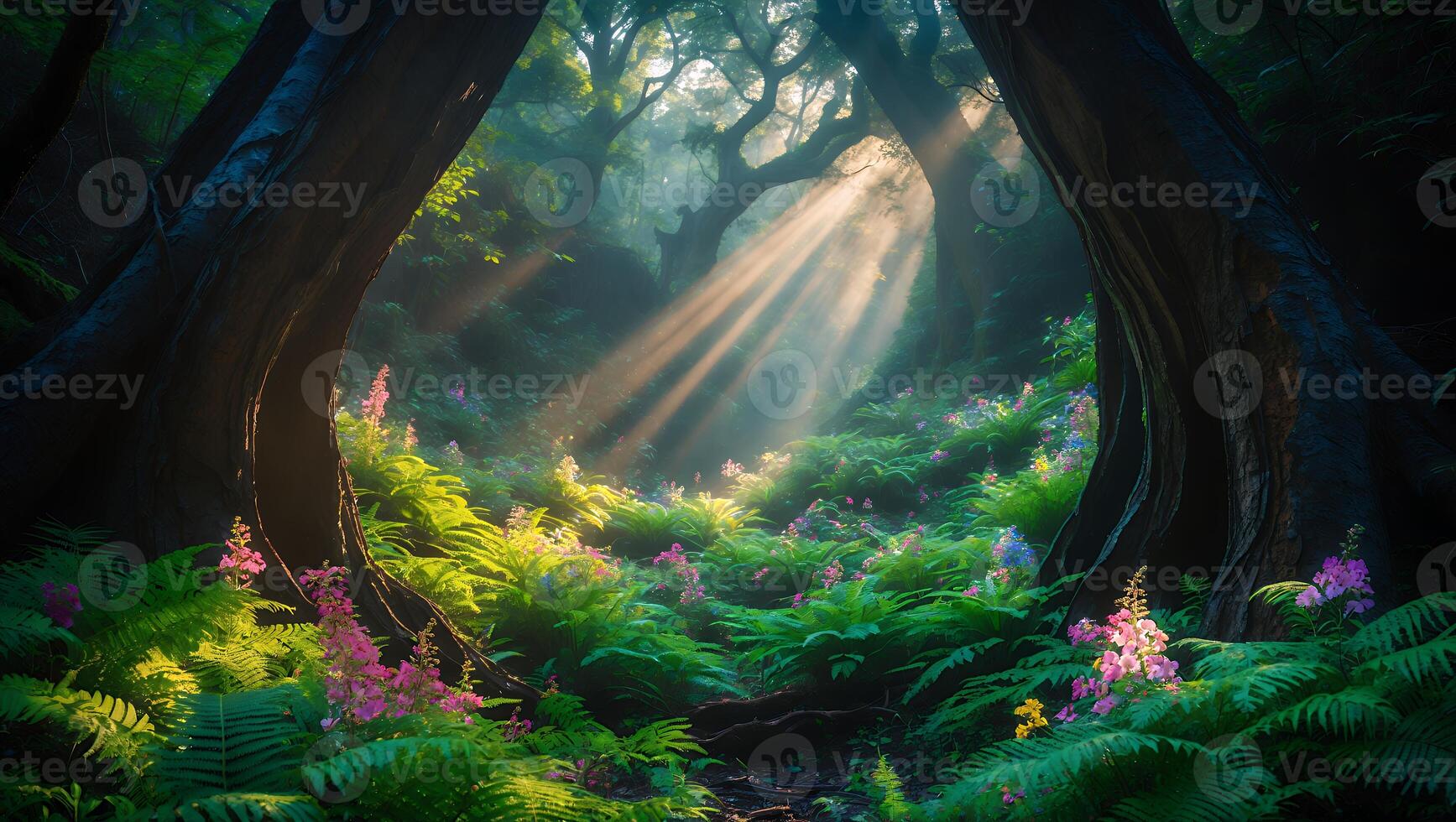 A forest with sunbeams shining through the trees photo