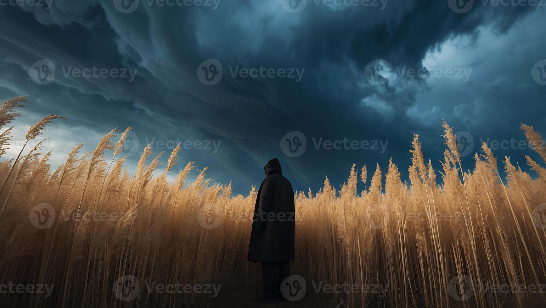 Figure in Dark Cloak Standing in Tall Golden Grass Under Stormy Sky photo