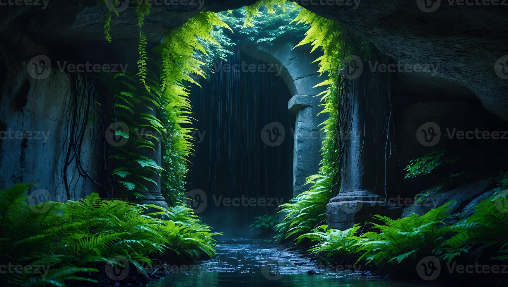 Ferns Adorn Ancient Stone Structure Over Stream photo