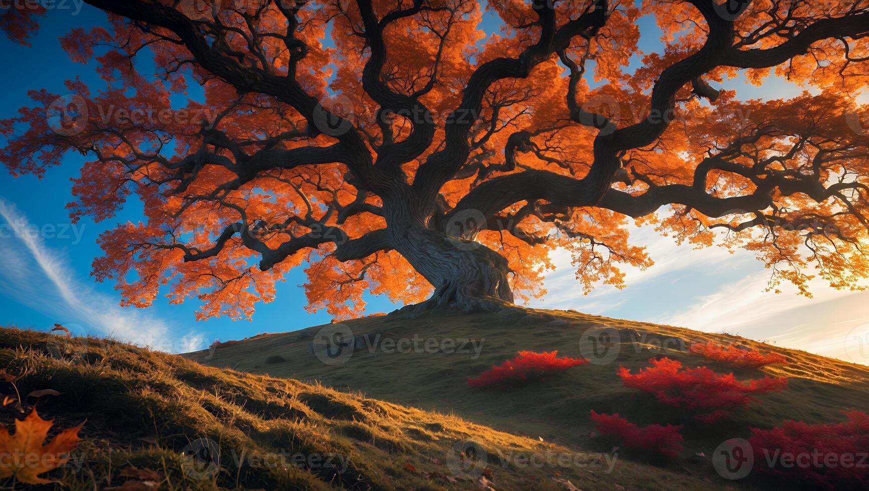 Large Autumn Tree on Hill with Colorful Leaves Against a Blue Sky photo