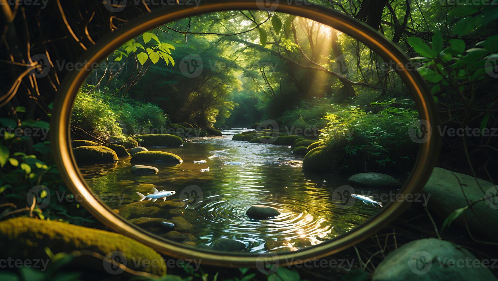 Forest River Through Golden Frame View with Sunlight photo