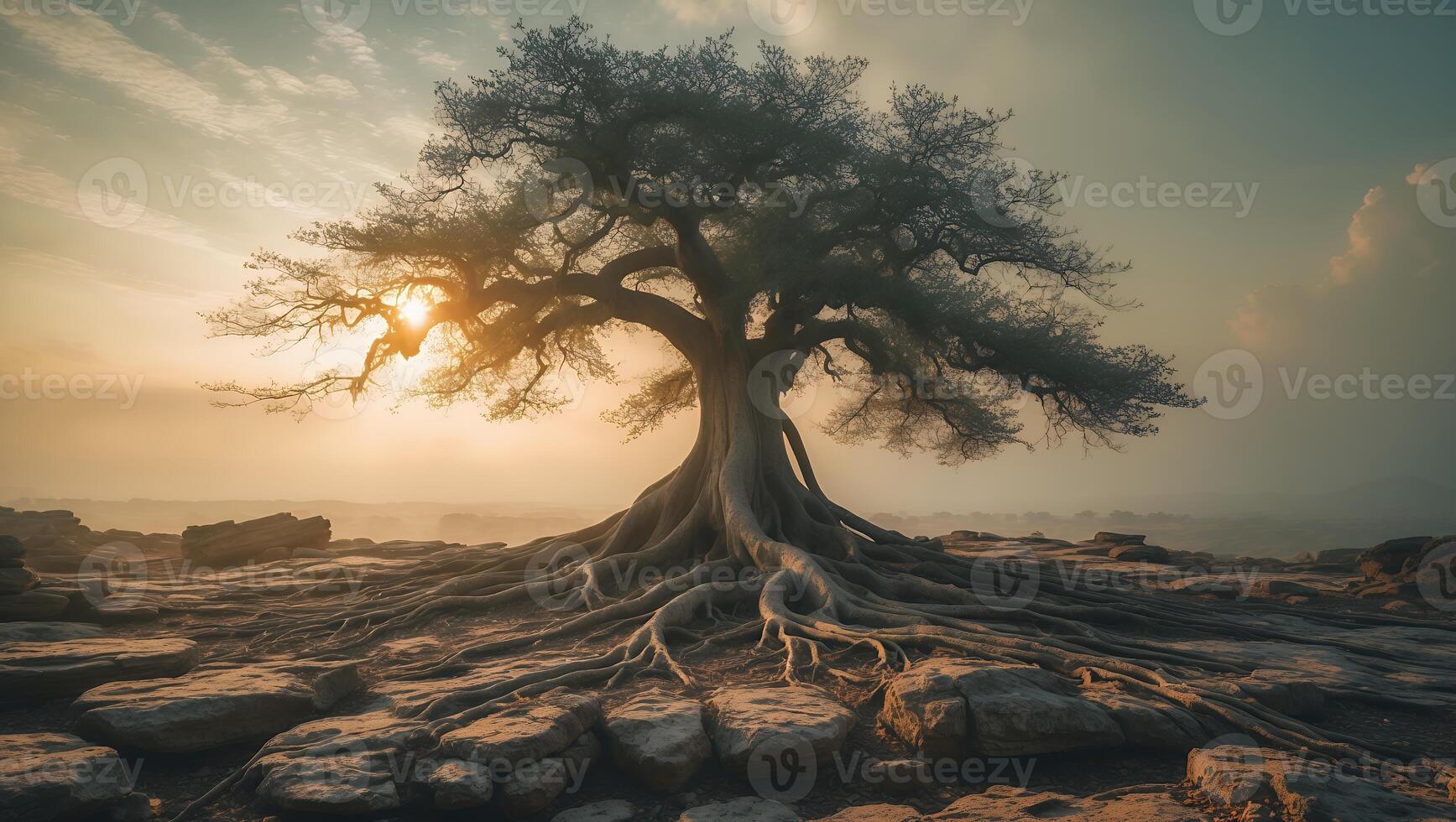 Majestic Tree with Exposed Roots at Sunset photo