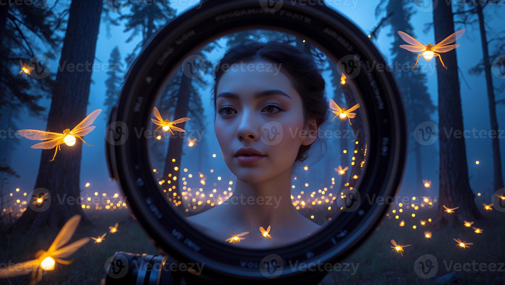 Woman and Firefly in a Forest at Night Through Camera Lens photo