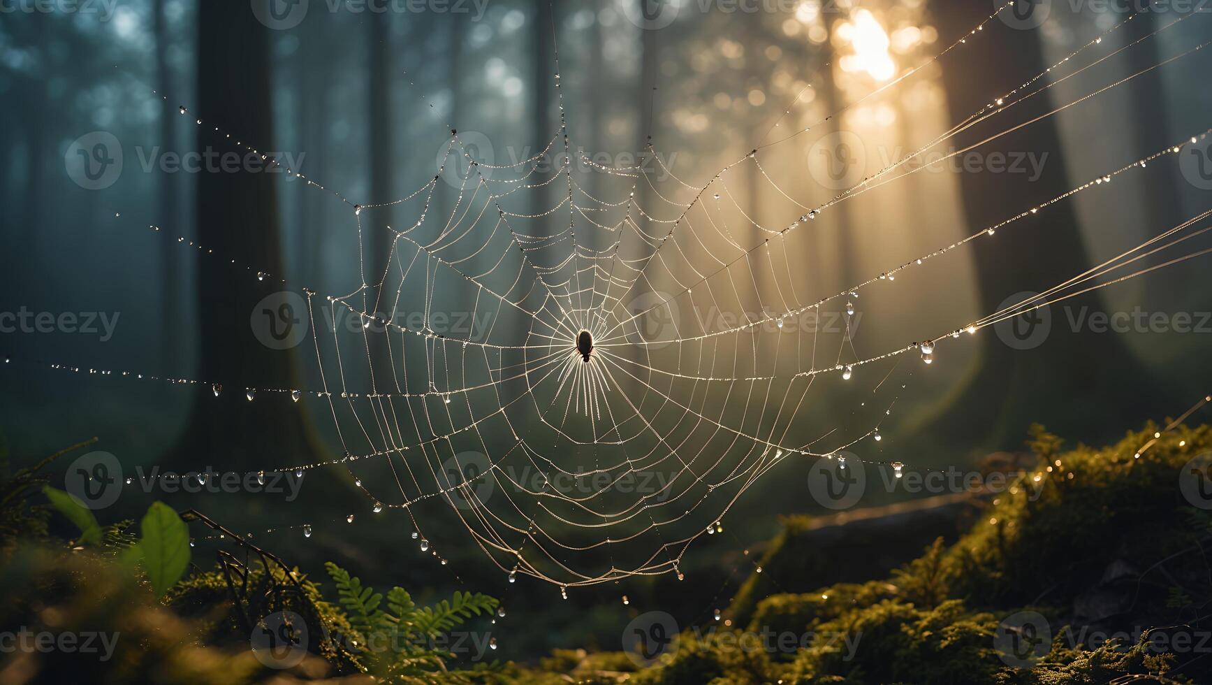 Spiderweb with Dew Drops in Forest photo