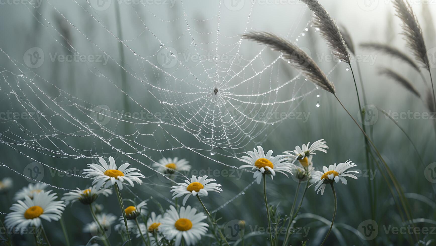 Spiderweb and Daisy Meadow with Dew photo