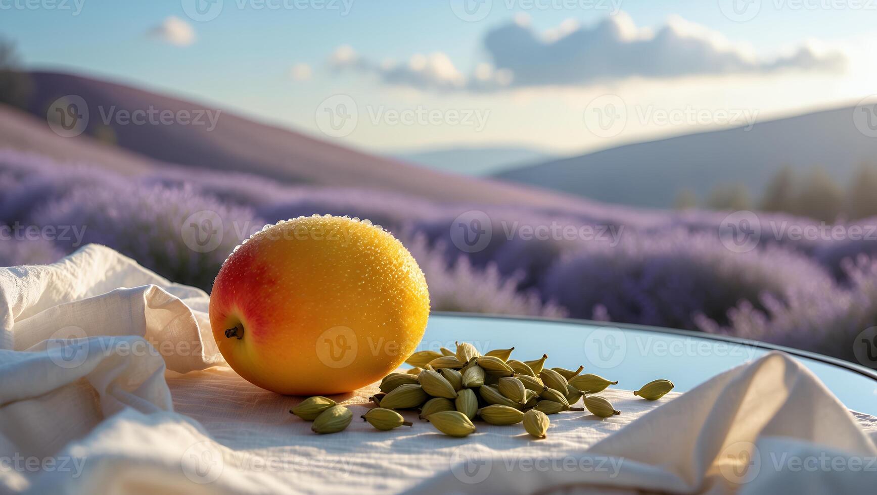 Mango and Cardamom with Lavender Field Background photo
