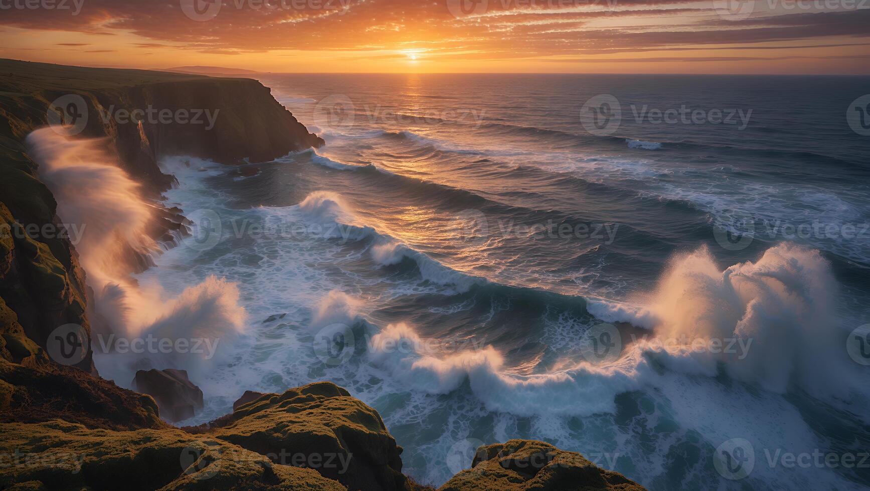 Ocean Waves Crashing Against Cliff at Sunrise photo