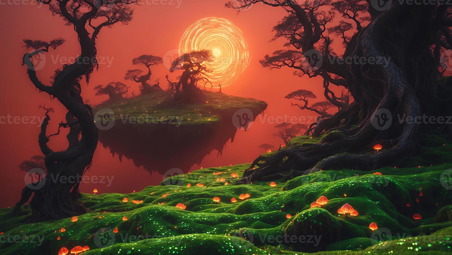 Fantasy Landscape with Floating Island, Glowing Mushrooms, and Mystic Sun photo