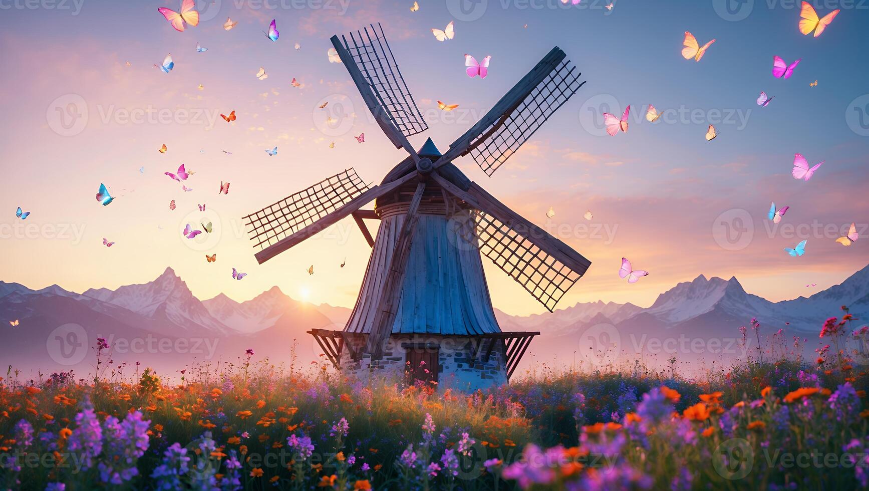 Windmill with Butterflies Over Field at Sunset photo