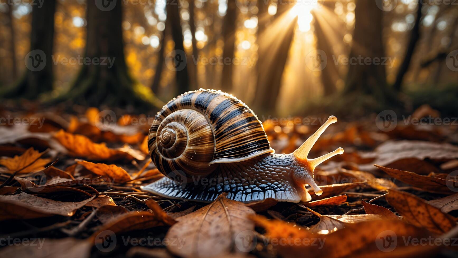 Snail Crawling on Autumn Leaves in a Forest photo